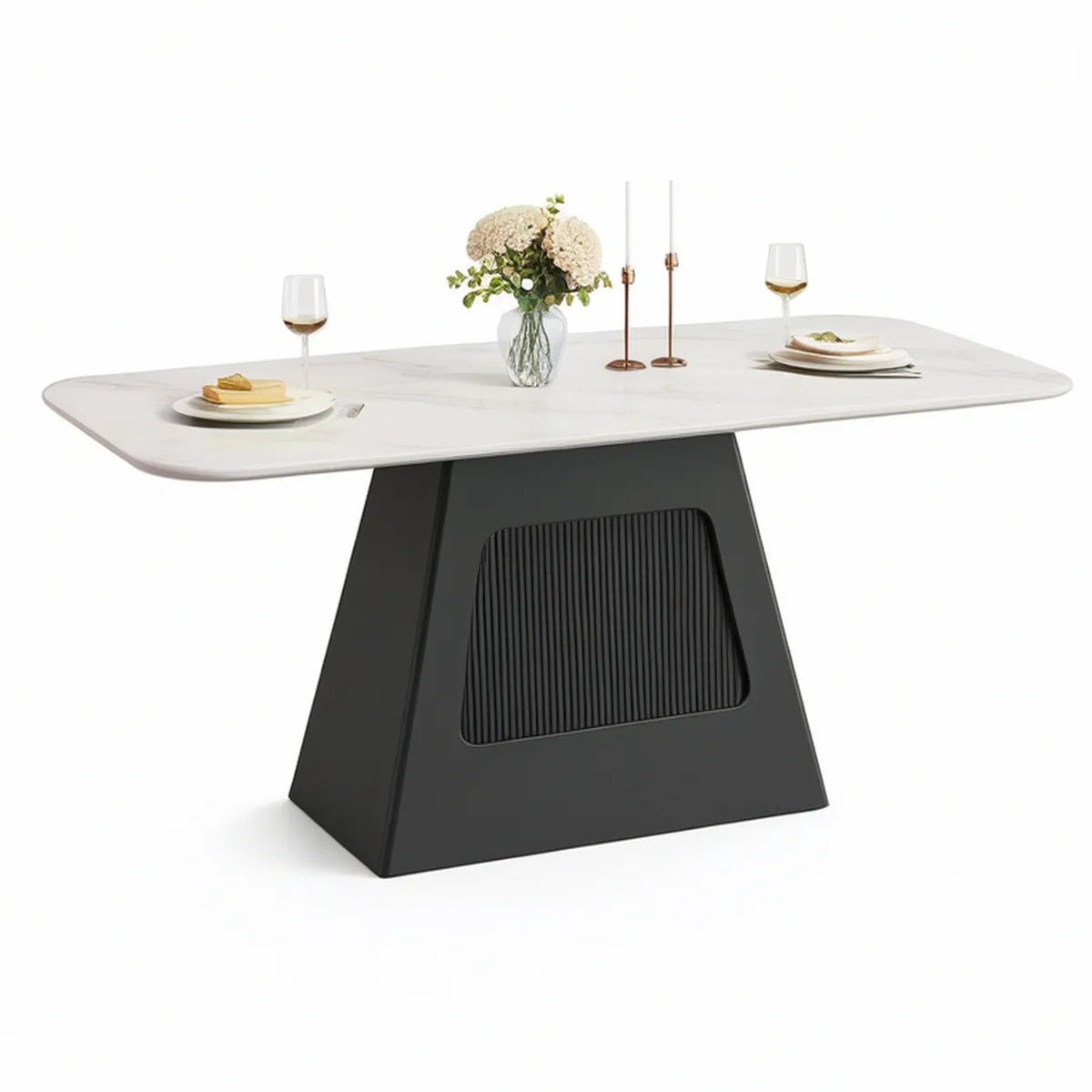 Mesa de jantar retangular 180 x 90 x 75 cm em pedra sinterizada branca e MDF preto