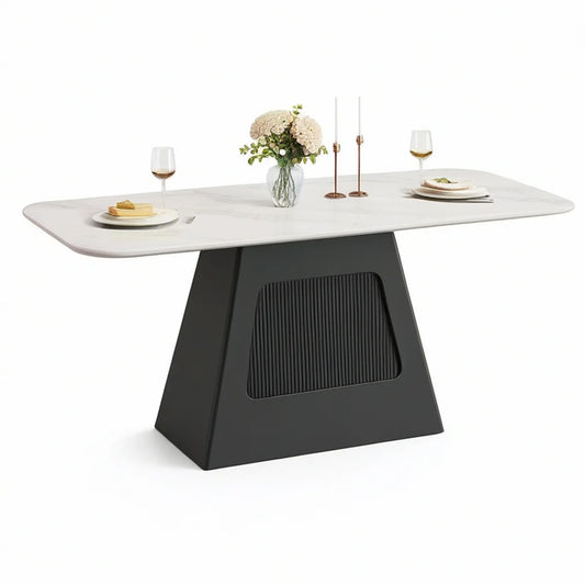 Mesa de jantar retangular 180 x 90 x 75 cm em pedra sinterizada branca e MDF preto