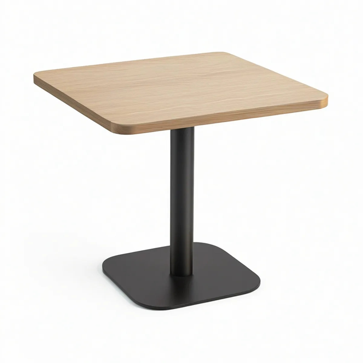 Mesa quadrada 70 x 70 cm em aglomerado melamínico de carvalho claro e aço preto, altura 75 cm