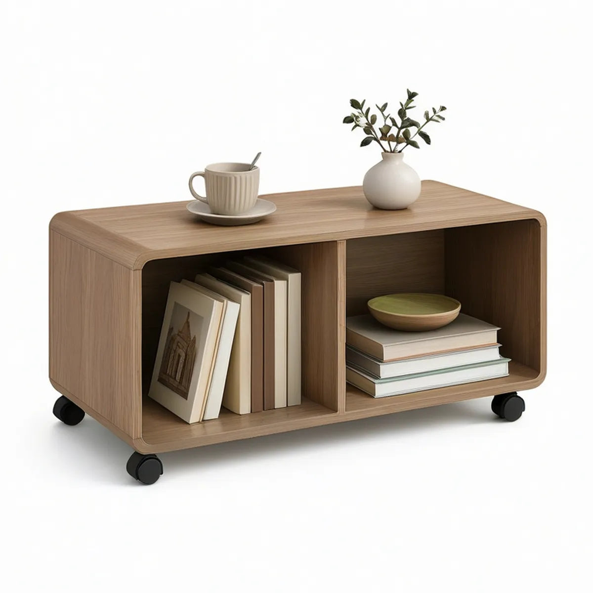 Mesa de Centro Retangular com Rodas em MDF Carvalho Claro 80 x 40 x 45 cm