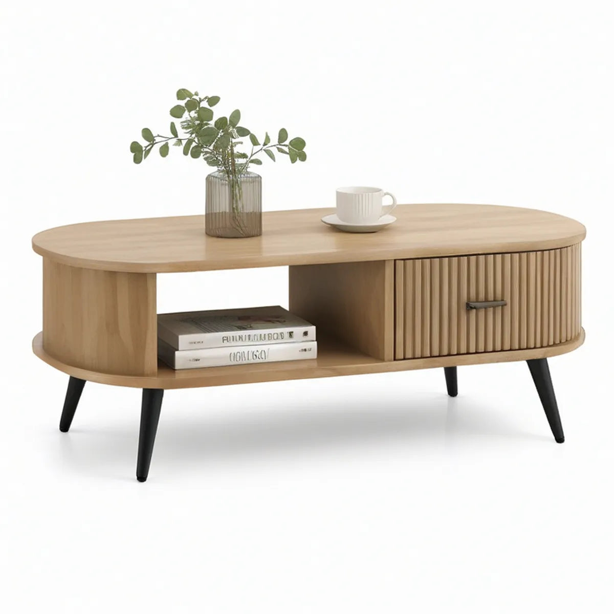 Mesa de centro oval 120 x 60 x 45 cm em MDF efeito carvalho claro com porta ripada