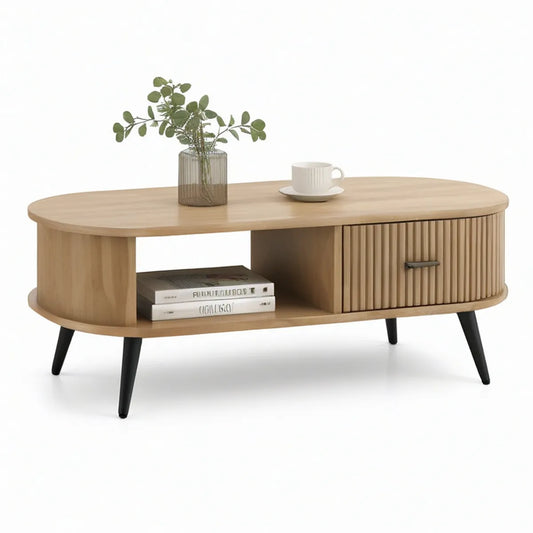 Mesa de centro oval 120 x 60 x 45 cm em MDF efeito carvalho claro com porta ripada
