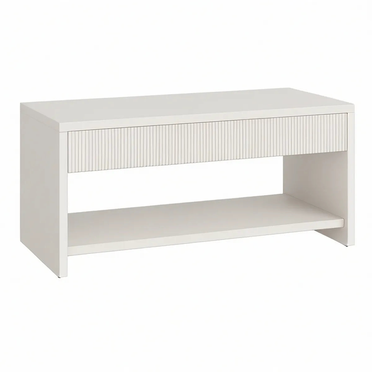 Mesa de Centro Retangular Branca em MDF com Gaveta Canelada e Prateleira, 100 x 50 x 45 cm