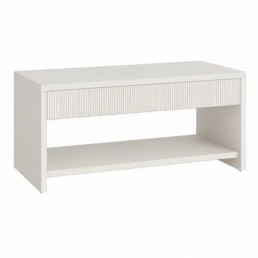 Mesa de Centro Retangular Branca em MDF com Gaveta Canelada e Prateleira, 100 x 50 x 45 cm