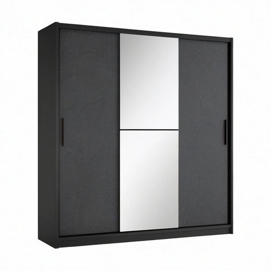 Roupeiro com 3 Portas de Correr e Espelho Central, Preto e Prateado, 180 x 60 x 200 cm