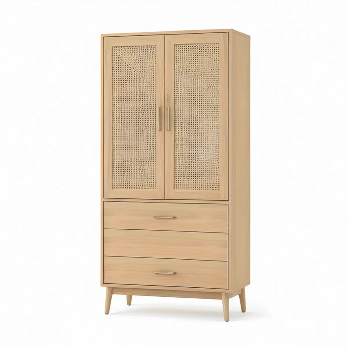Roupeiro de 2 Portas e 3 Gavetas em MDF com Rotim Natural, Carvalho Natural, 90 x 50 x 190 cm