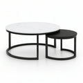 Conjunto de 2 Mesas de Centro Redondas em MDF Branco Marmoreado e Preto, 80 x 45 cm e 60 x 35 cm