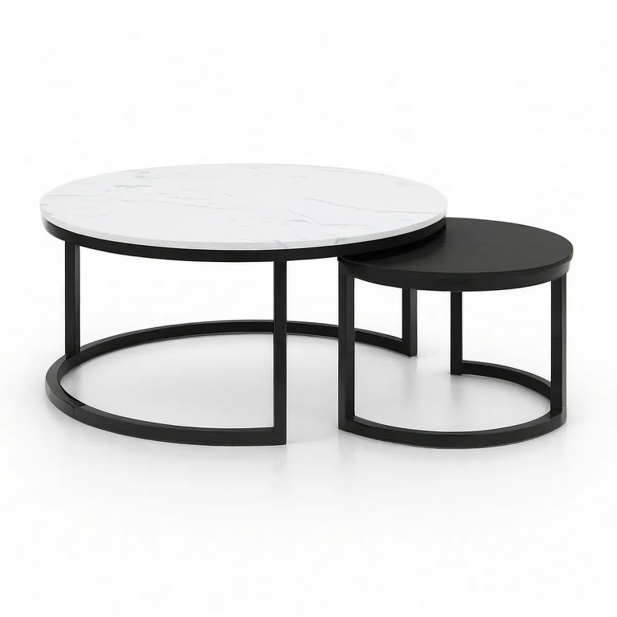 Conjunto de 2 Mesas de Centro Redondas em MDF Branco Marmoreado e Preto, 80 x 45 cm e 60 x 35 cm