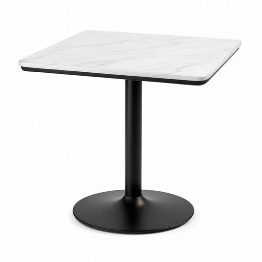 Mesa Quadrada 70 x 70 cm com Tampo Cerâmico Efeito Mármore Branco e Base Preta