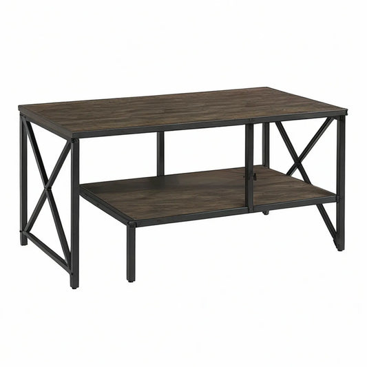 Mesa de centro retangular com prateleira em MDF e aço, 100 x 50 x 45 cm, Castanho Escuro/Preto