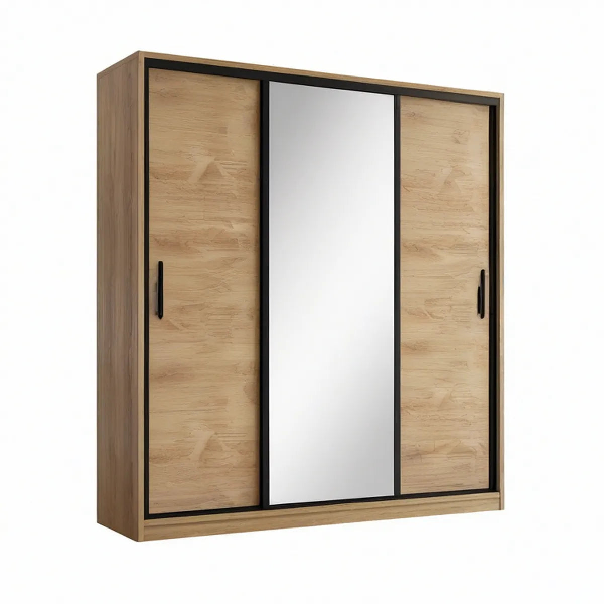 Roupeiro com 3 Portas de Correr e Espelho 180 x 60 x 200 cm Carvalho Natural, Preto e Prateado