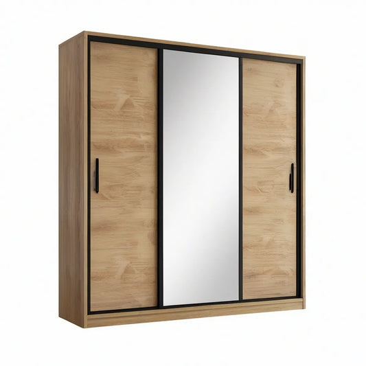 Roupeiro com 3 Portas de Correr e Espelho 180 x 60 x 200 cm Carvalho Natural, Preto e Prateado