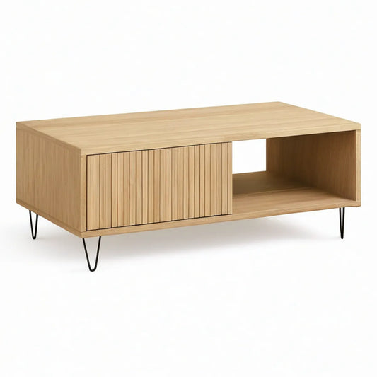 Mesa de centro retangular 100 x 50 x 45 cm em MDF com acabamento carvalho, porta de correr e pés pretos